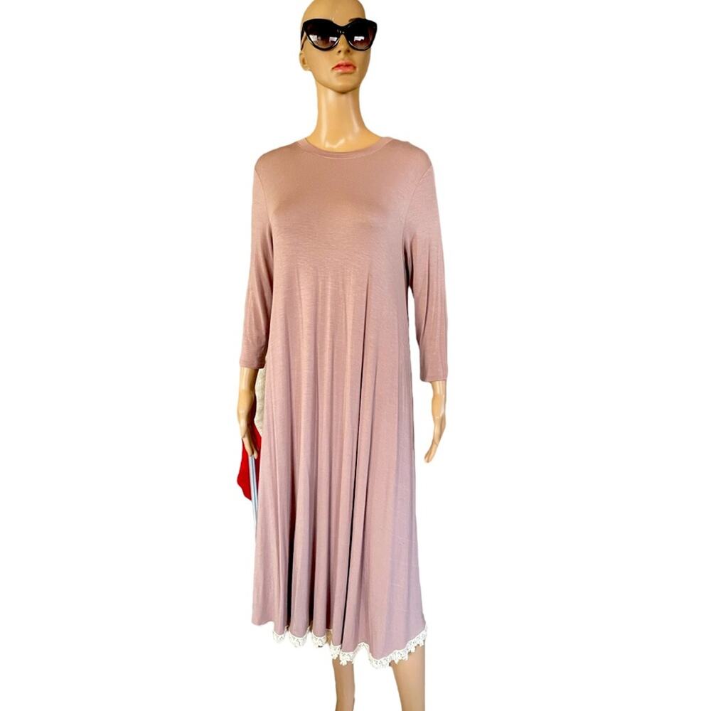 NWT Pastel by Vivienne Midi Dress Medium Bohemian Lace Hem Long Sleeves Brown